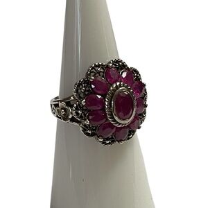 Vintage Thailand 925 Sterling Silver Natural Ruby Floral Halo Statement Ring